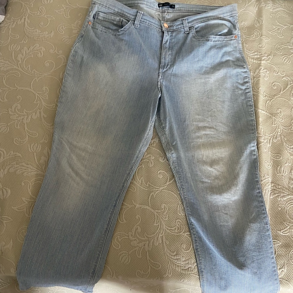 Size 16, Lee, pants, bit of a stretch to them, light blue with white pinstripe.